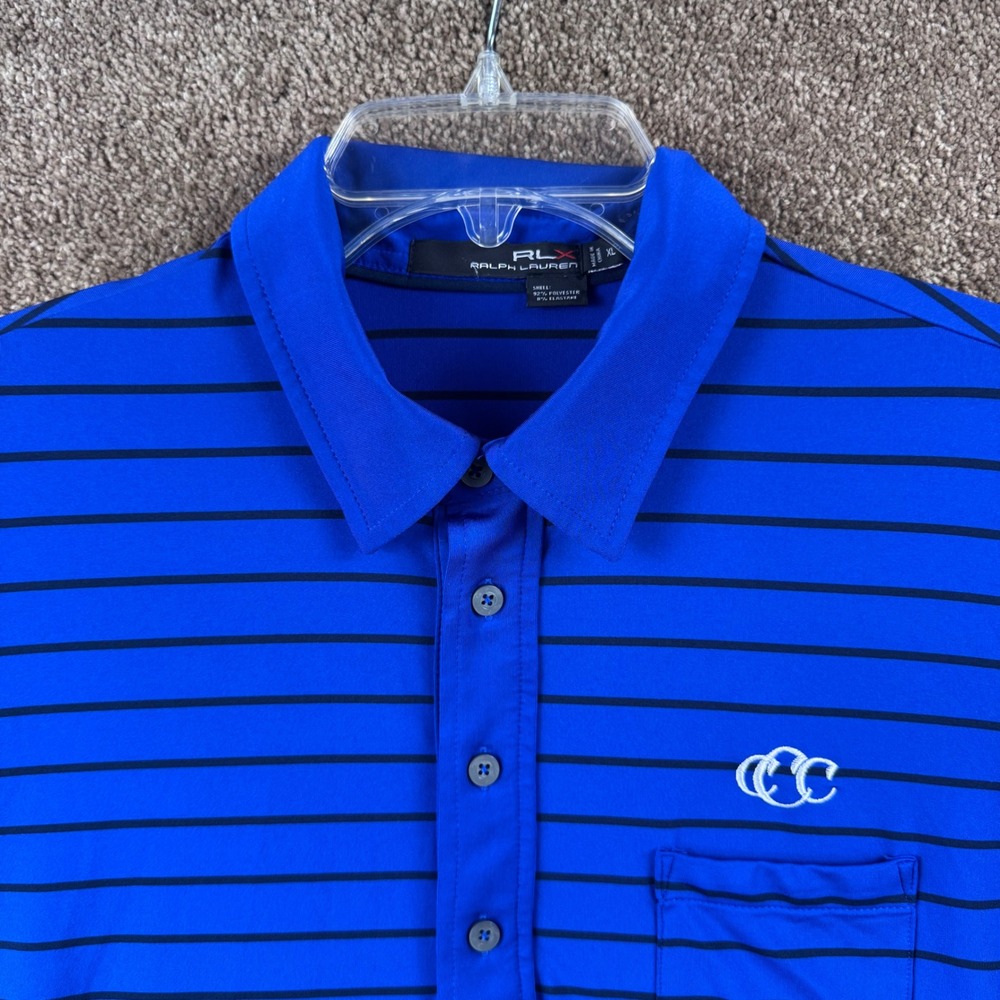 RLX Ralph Lauren Mens XL Blue Striped Golf Polo Shirt Short Sleeve CCC Logo
